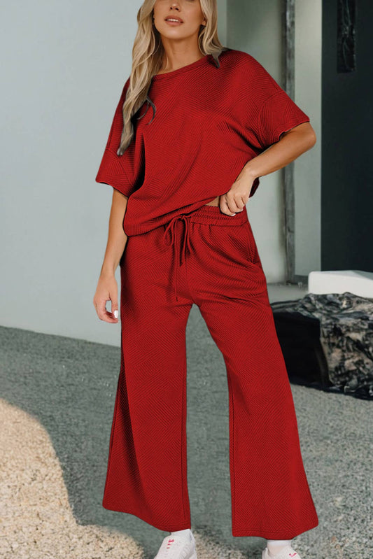 Red Textured TShirt & Pants Set