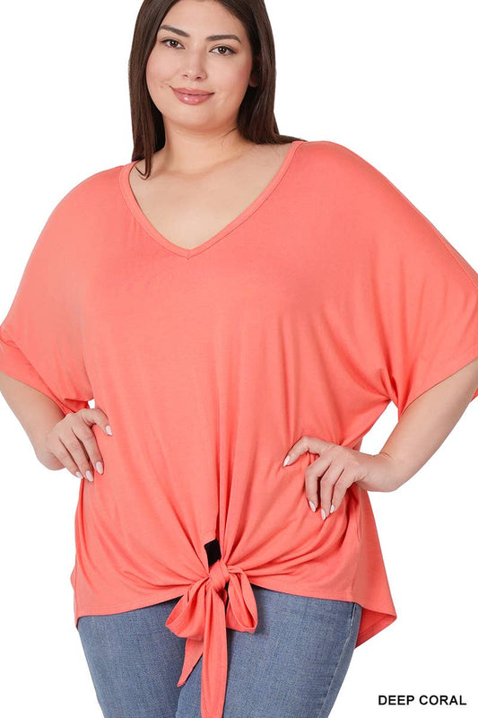 Deep Coral Plus Luxe Rayon V Neck Tie Front Top