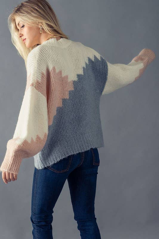 Colorblock Stair Pattern Bishop Sleeve Sweater