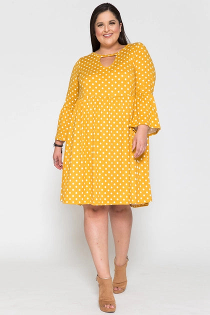 Plus Size Polka Dot Ruffle Sleeve Babydoll Midi Dress