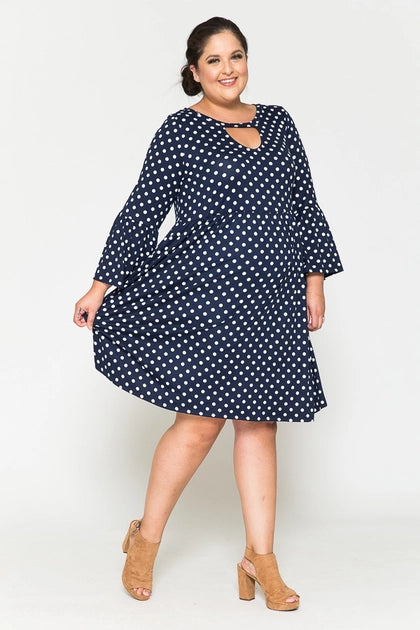 Plus Size Polka Dot Ruffle Sleeve Babydoll Midi Dress